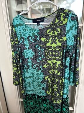 Denim&Co Teal and Lime Patterned Scoop Neck Tunic